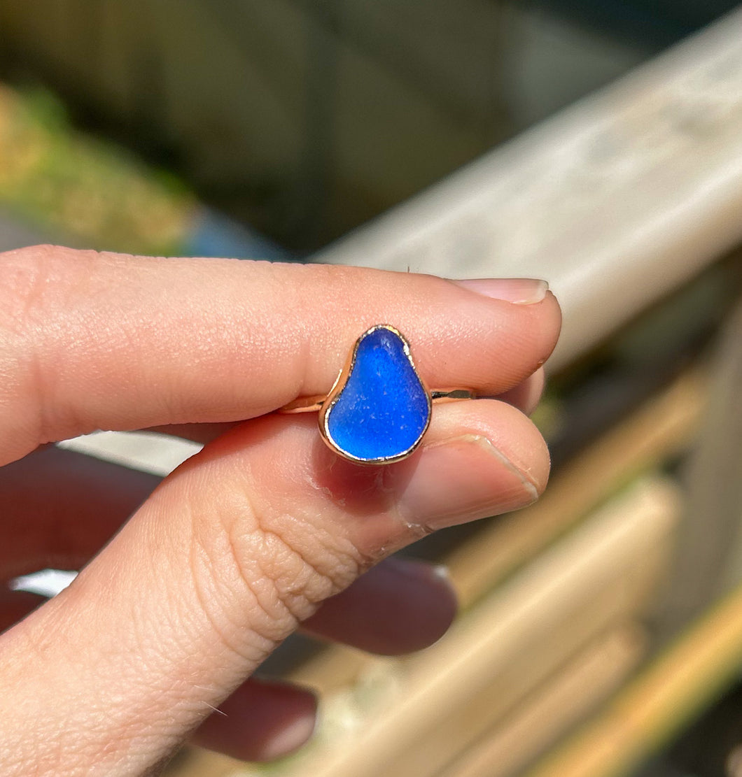 GOLD size 5 cobalt blue sea glass ring