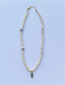 pearl, sea glass, and cone shell necklace