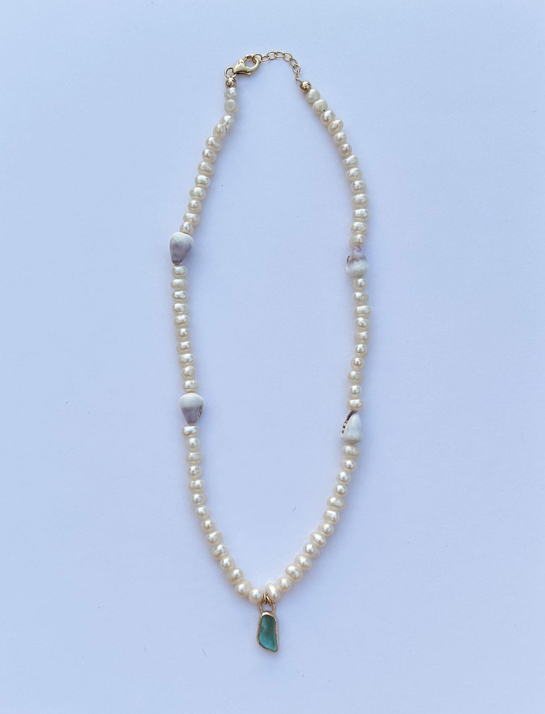 pearl, sea glass, and cone shell necklace