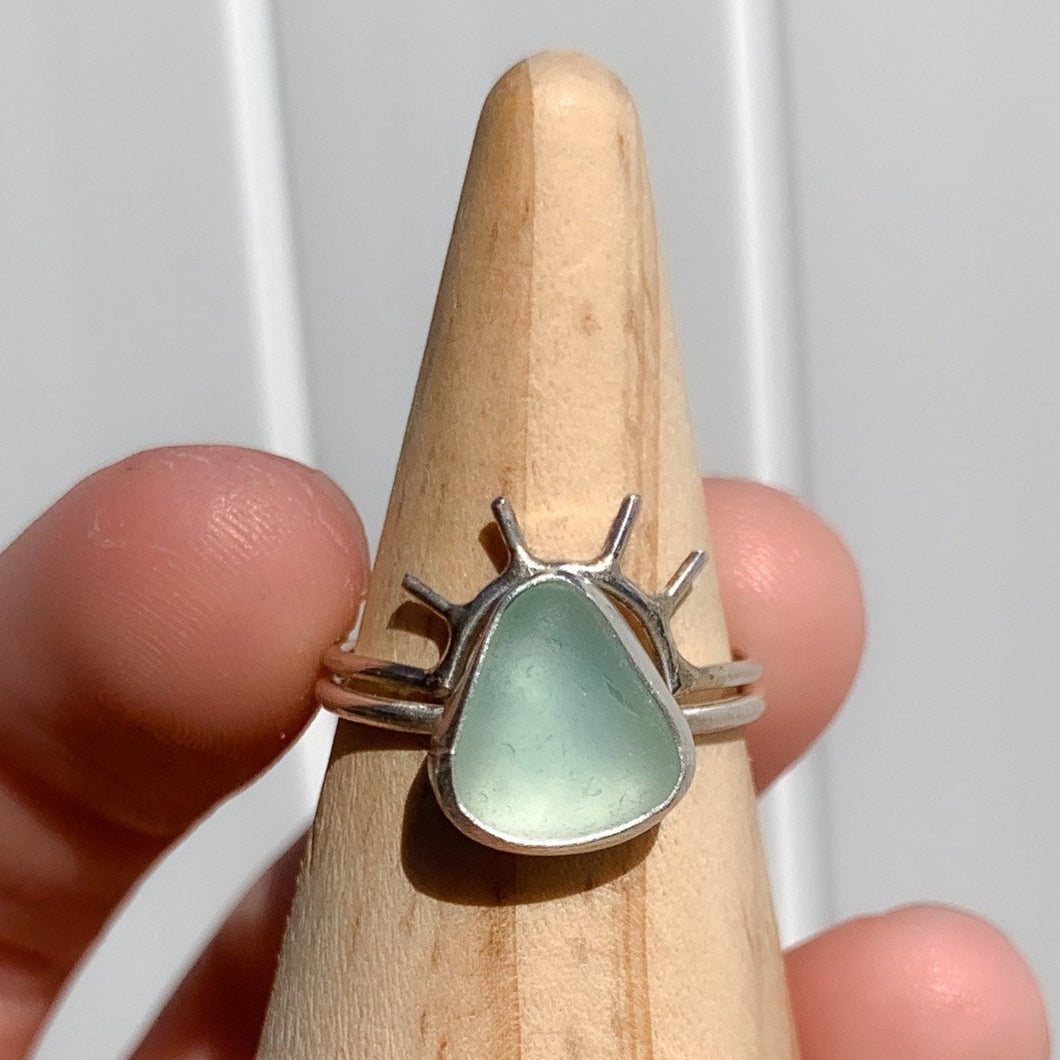 silver sea glass + sun halo ring set(size 7)